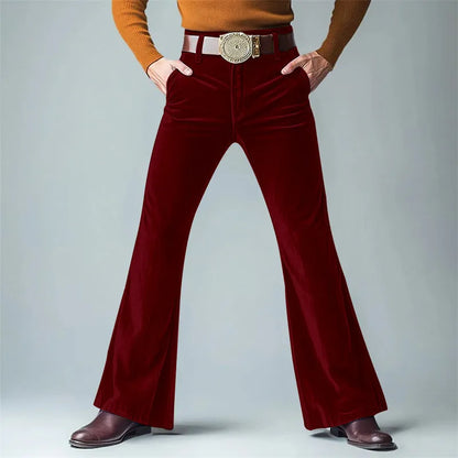 Men's velvet slim flared suit trousers in seven colours including black, dark red, green, blue, khaki, brown and yellow
