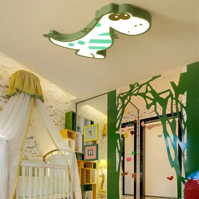 Cartoon dinosaur children's bedroom ceiling light with pink or green shade and aluminium body