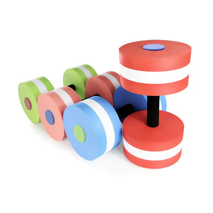 Pair of rose red EVA foam water aerobics dumbbells with 15cm diameter and snap-type connection