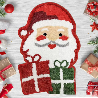 Square Christmas-themed hallway mat with non-slip backing on wooden floor