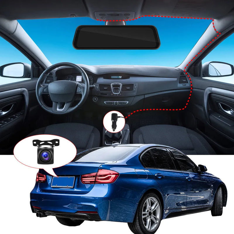 9.66-inch HD wired dash cam mirror with recording function featuring Apple CarPlay and Android Auto compatibility for car video recording and smart device connectivity with 160° viewing angle, 720P resolution, and IP68 waterproof rating