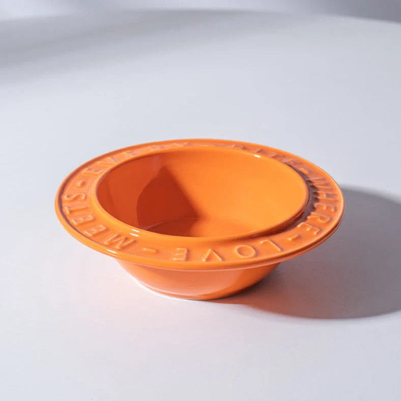 Ceramic cat bowl with iron anti-tip frame in blue colour with silicone pad