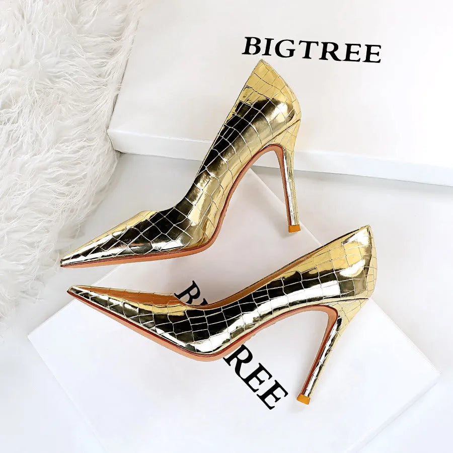 Women's pointed-toe stiletto high heels with metal detail, 6-8cm heel, low-cut middle mouth, five colours
