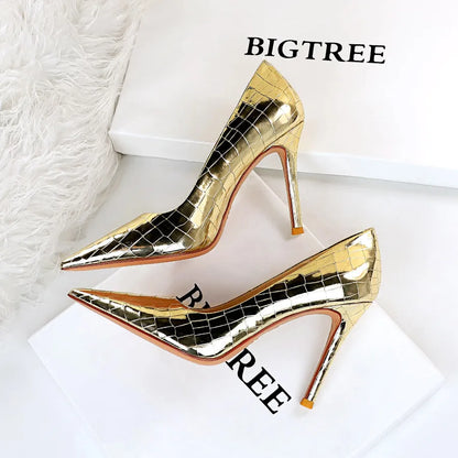 Women's pointed-toe stiletto high heels with metal detail, 6-8cm heel, low-cut middle mouth, five colours