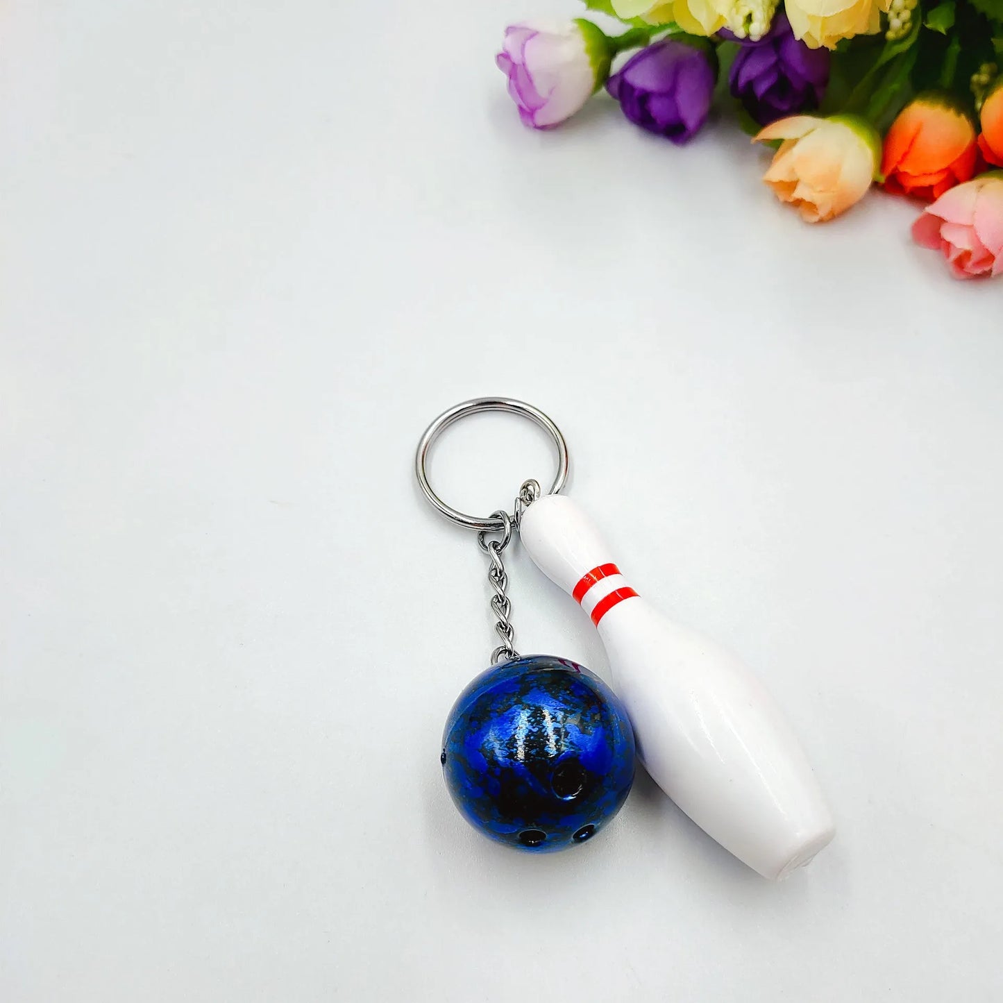 Mini simulation sports bowling pin keychain pendant in blue PVC metal