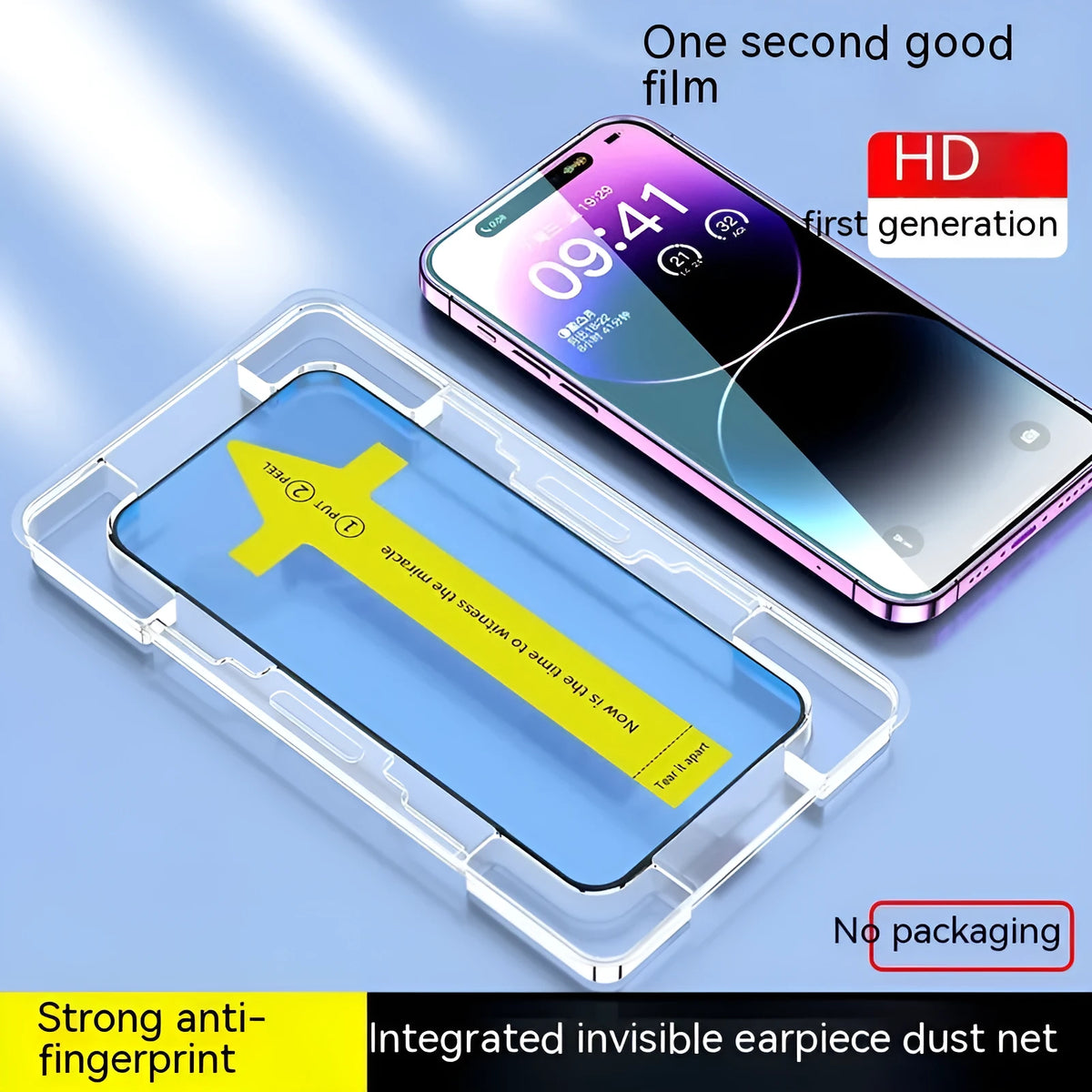 Tempered glass screen protector for iPhone with sticker box, available in HD clear or 28° anti-peep styles.