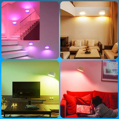 White remote touch magnetic wall lamp with oval light, showing 360-degree rotation and remote control for colour changing.