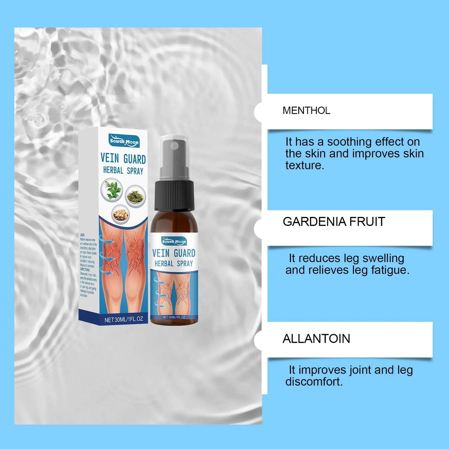 30ml bottle of Herbal Body Care Spray with spray nozzle, listing ingredients Menthol and Gardenia Fruit.
