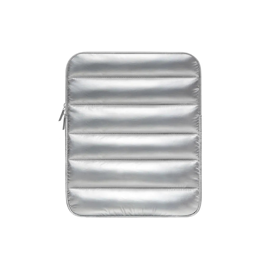 Puff bag laptop sleeve with elastic edges in black, khaki, or silver colour for 9.7-11 inch devices