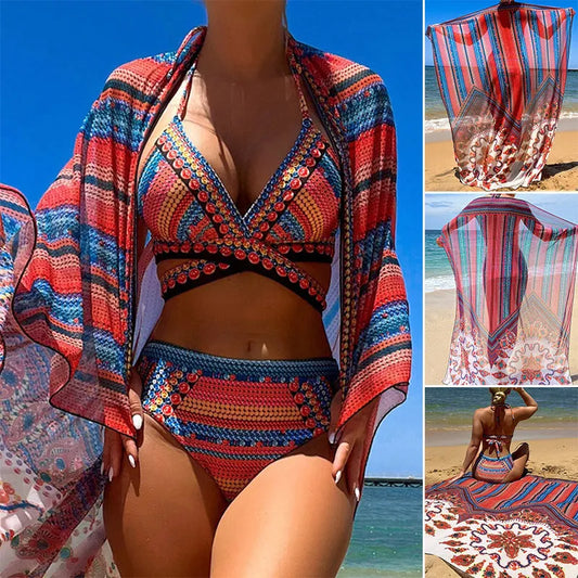 Women's three-piece swimsuit set with sleeveless top, high-waist briefs, and cover-up coat in picture colour