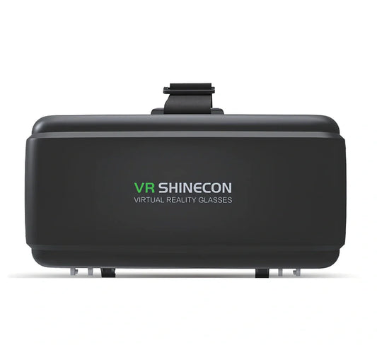 Black plastic VR headset with adjustable head strap and interpupillary distance control for smartphones