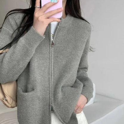 Long-sleeve viscose fibre sweater coat in beige, grey, black, or khaki, showing cardigan style and size options