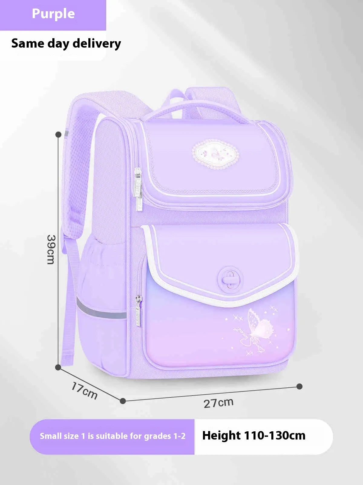 Girls' waterproof schoolbag in pink with Oxford cloth construction showing multiple compartments and padded shoulder straps