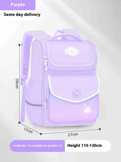 Girls' waterproof schoolbag in pink with Oxford cloth construction showing multiple compartments and padded shoulder straps