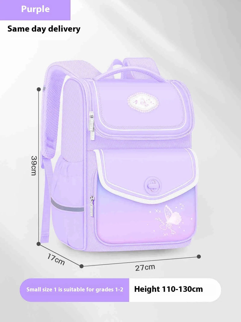 Girls' schoolbag designed for primary school students aged 6-12, featuring waterproof Oxford cloth construction with 30-litre capacity to reduce shoulder strain and organise books efficiently across years 1-6.