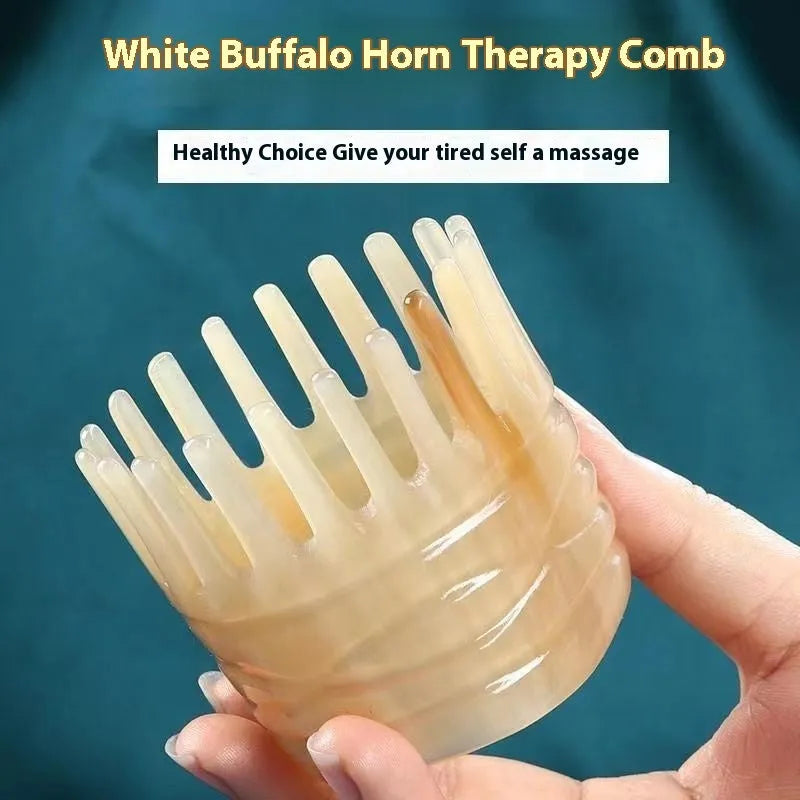 Black half-moon shaped buffalo horn comb with wide teeth for scalp massage and detangling hair.