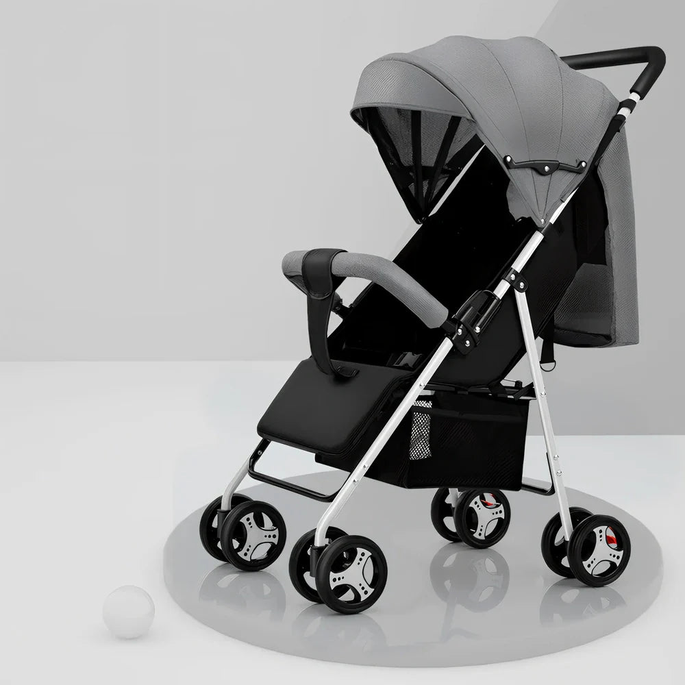 Lightweight folding baby stroller with adjustable awning and universal wheels in linen fabric