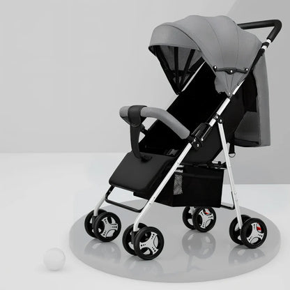 Lightweight folding baby stroller with adjustable awning and universal wheels in linen fabric