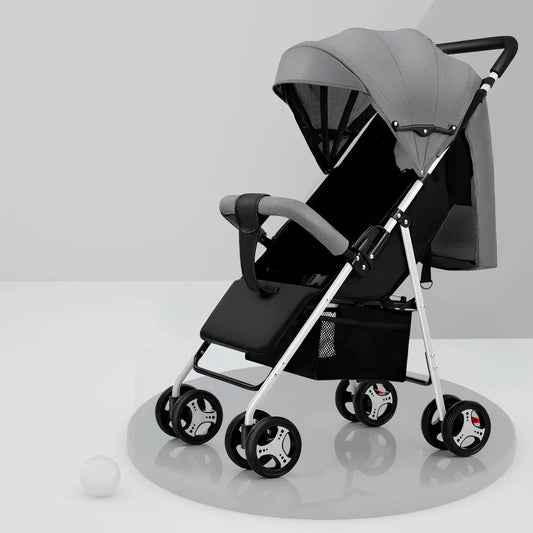 Lightweight folding baby stroller with adjustable awning and universal wheels in linen fabric