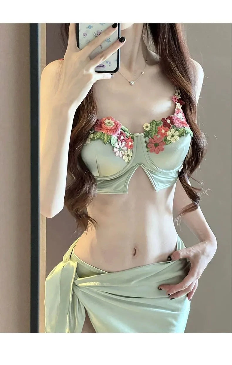 Green women's bikini three-piece swimsuit set with triangle top and briefs
