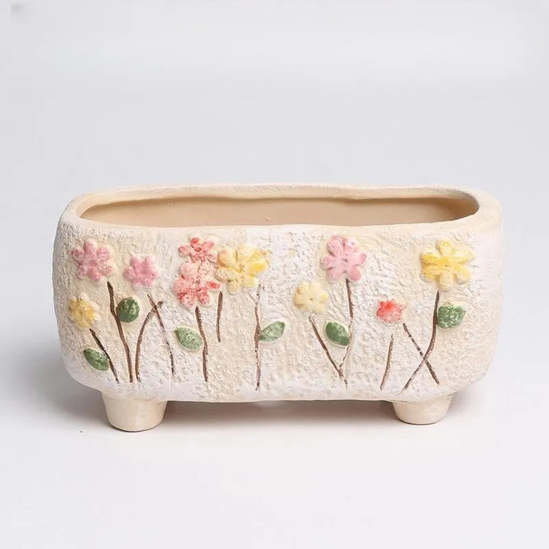 Small rectangular ceramic flower pot with hand-painted design for succulents and bonsai plants