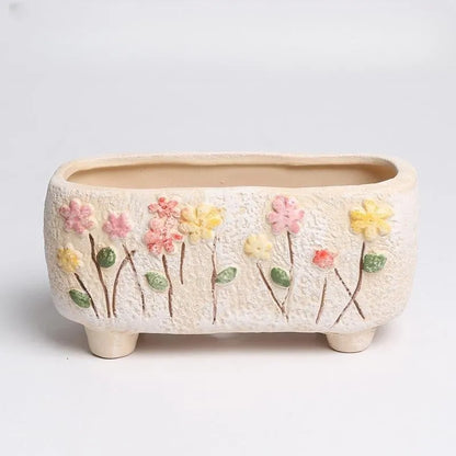 Small rectangular ceramic flower pot with hand-painted design for succulents and bonsai plants