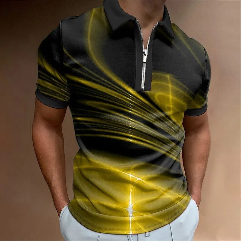 Men's blue loose fit short sleeve polo shirt with a zipper lapel front.