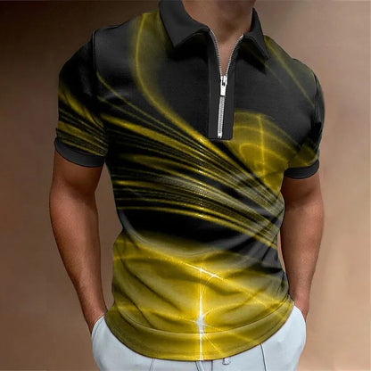 Men's blue loose fit short sleeve polo shirt with a zipper lapel front.