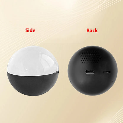 Electronic ball video player with round screen in orange, blue, white, pink, or black, showing 70x70mm size and dial control.