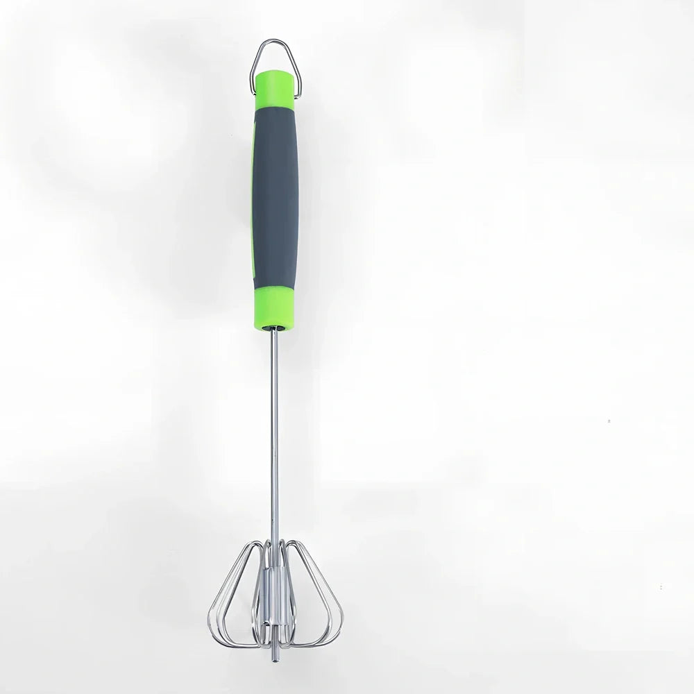 Stainless steel manual egg beater showing three size options with green and orange handles