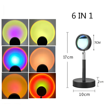 Sunset projection lamp with remote control showing rainbow colour lighting effects on wall
