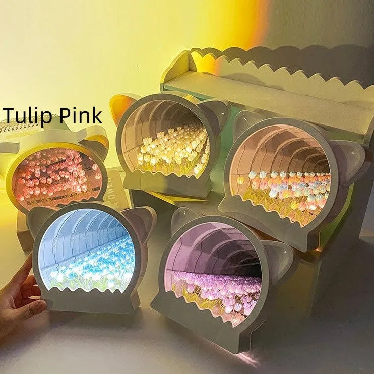 Handmade DIY cat head shaped night lamp decorated with pink tulip flowers