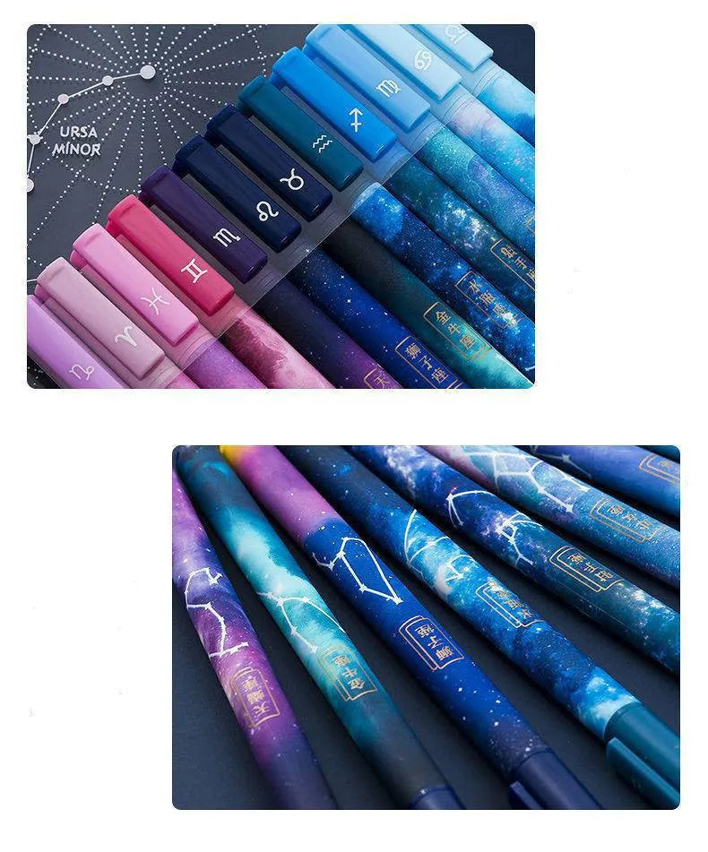 Twelve constellation ballpoint pens in a 12-piece plastic zodiac pen set with bright star designs.