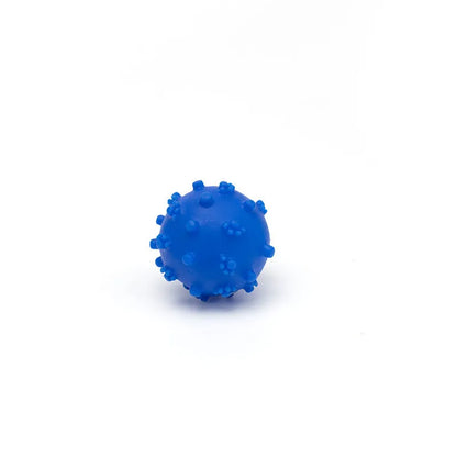 Four colourful spiky dog balls with paw print dimples, measuring 2 inches diameter for small breed dogs