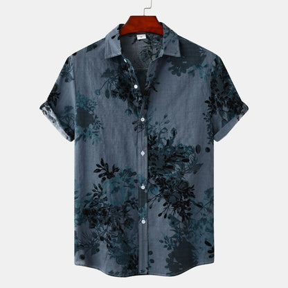 Men's floral lapel shirt in gray, khaki, yellow or burgundy, cotton button-front top, sizes M to 3XL