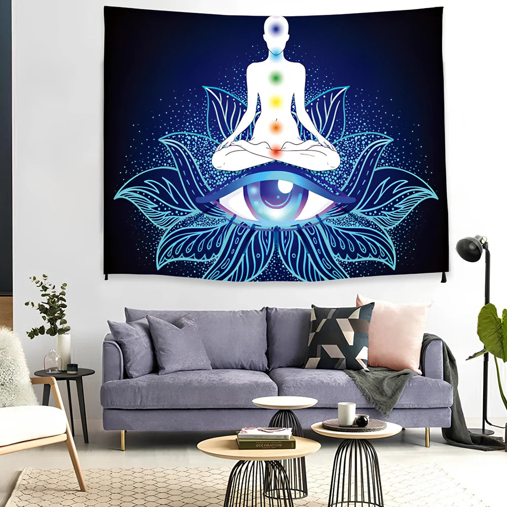 Psychedelic print polyester tapestry in 150x200cm size hanging on wall, vibrant colours on lightweight fabric