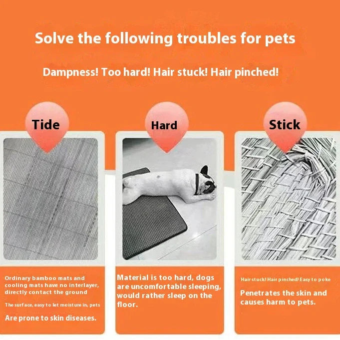 Brown rattan fibre dog cooling mat with open weave construction for summer use