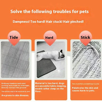 Brown rattan fibre dog cooling mat with open weave construction for summer use