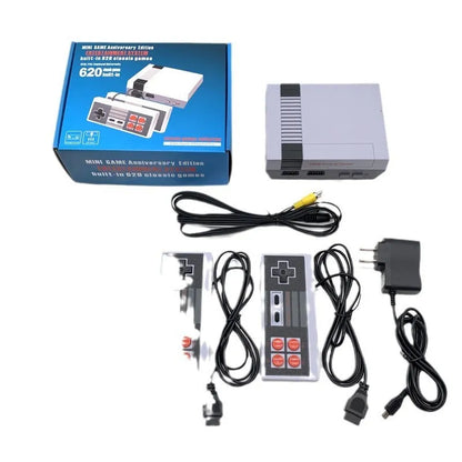 NES 8-bit retro game console with AV cable and two controllers on display
