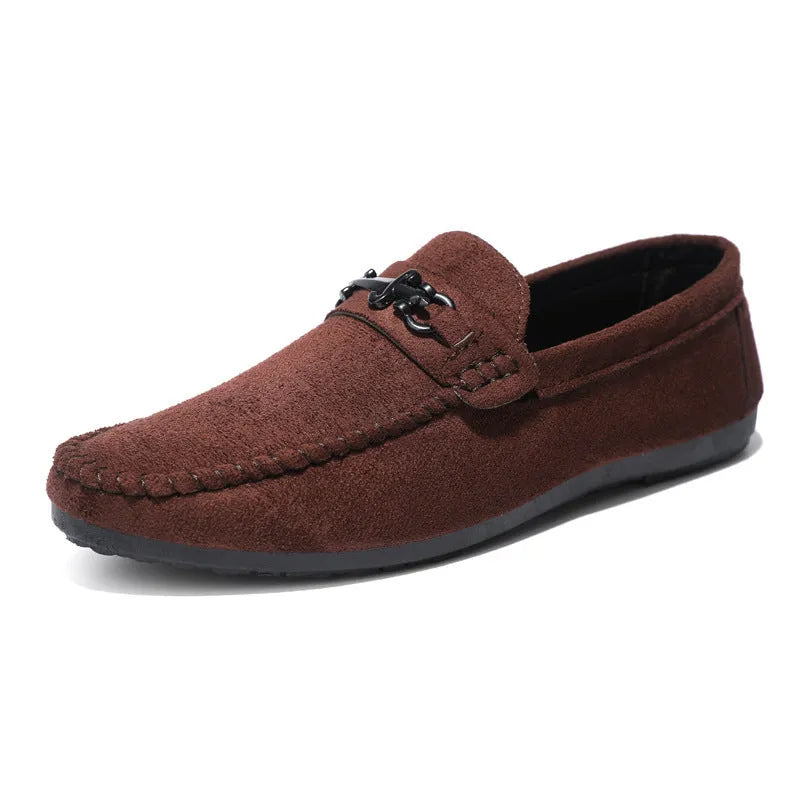 Men's black waterproof slip-on loafers with round toe and low stiletto heel on a rubber sole