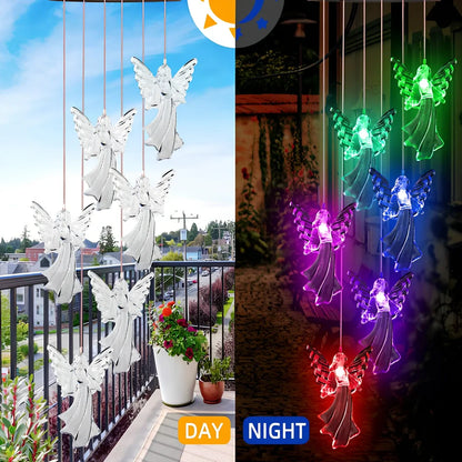 Solar-powered wind chime garden lamp with hummingbird design, automatic day-night operation, waterproof construction