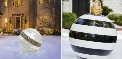 Vibrant, inflatable Christmas ornaments in various holiday designs for outdoor decoration