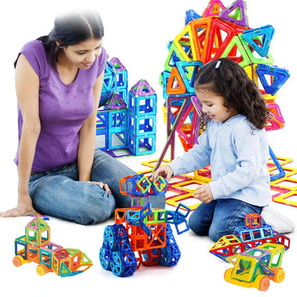 Colorful magnetic building blocks with children playing and building structures