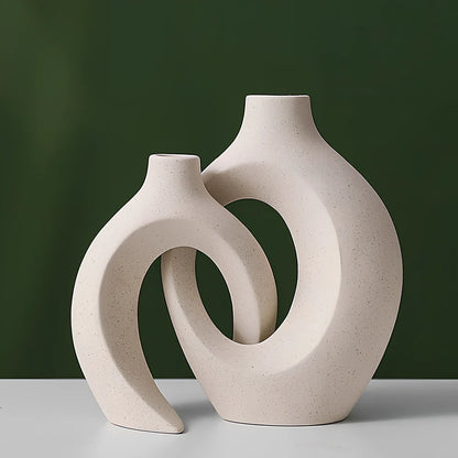 European ceramic vase set with two matching pieces and glazed surface finish