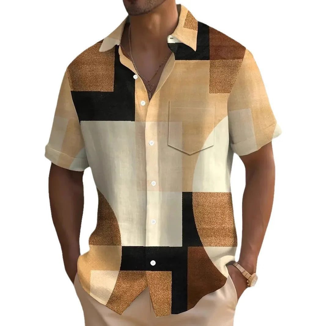 Man wearing a loose-fit short sleeve cardigan shirt with a retro geometric square pattern in contrasting colours.