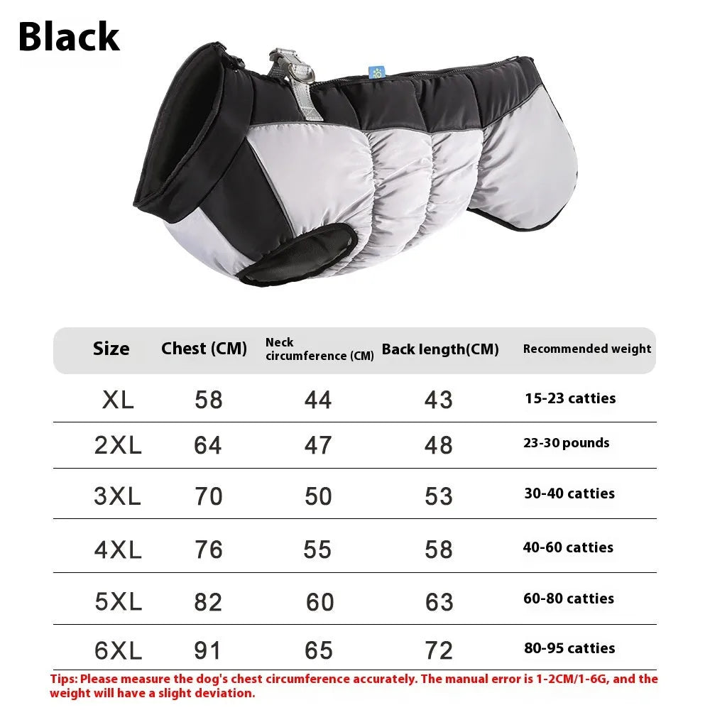 A large dog wearing a black waterproof winter coat with reflective strips, showing sizes XL to 6XL available.