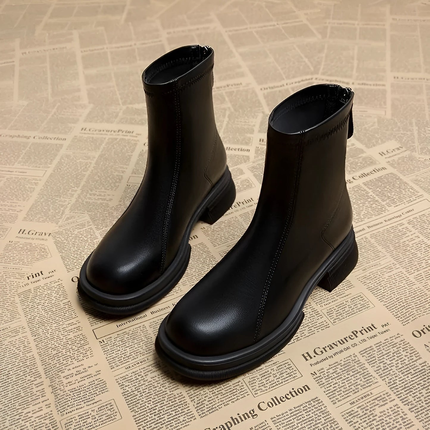 Women's black thick heel ankle boots with back zipper and round toe on flat rubber sole