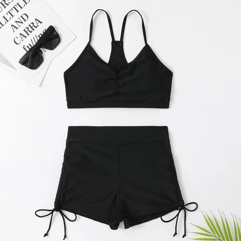 Women's purple or black high-waist split swimsuit with sleeveless design for swimming