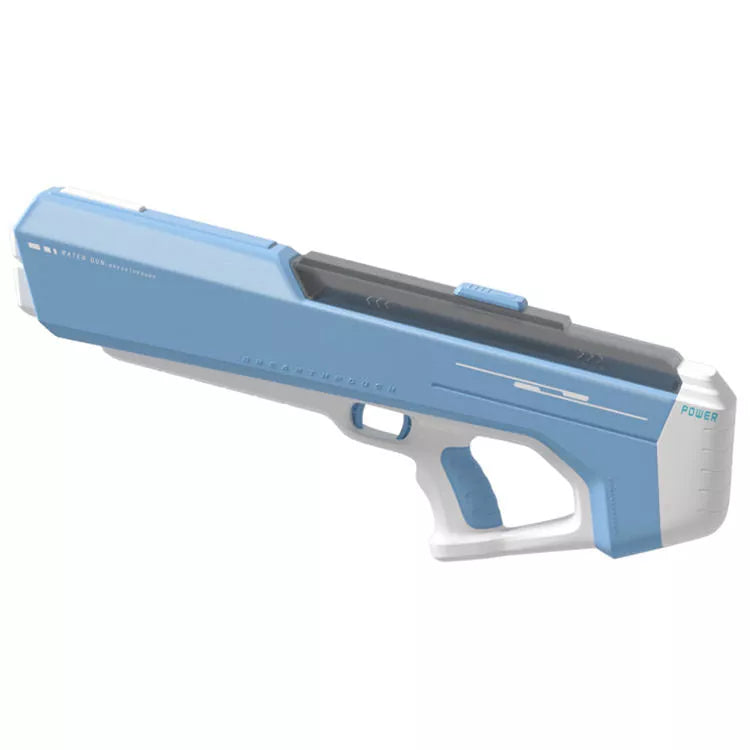 Electric water gun toy in sky blue, cherry pink, and pearl white with 12-meter range