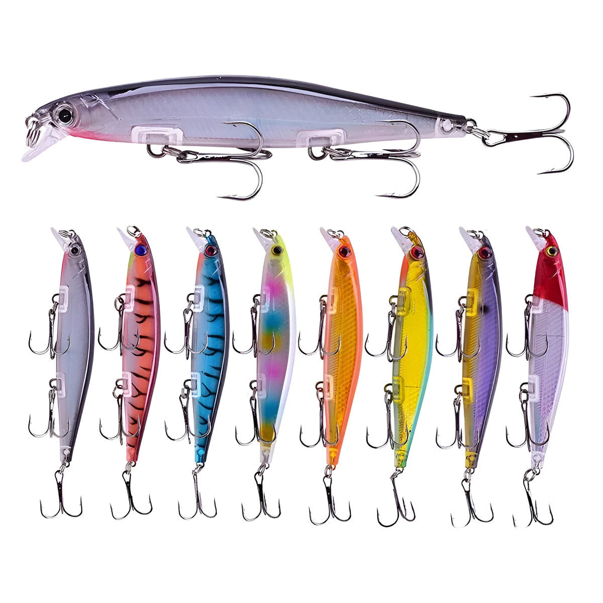11cm submerged minnow fishing lure with slow-sink tossing action, shown in one of eight available colours.